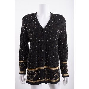Eagle's Eye Womens Beaded Cardigan Sweater M Black Gold Button Front NWOT